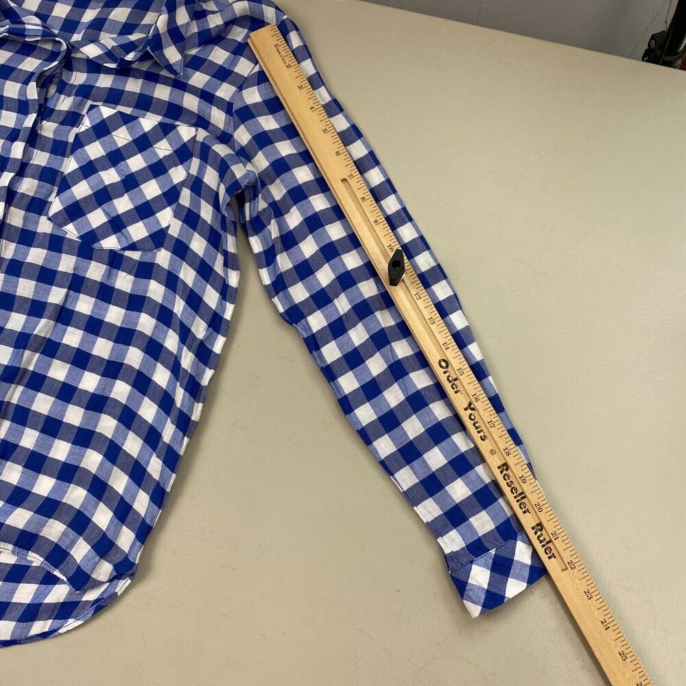 Zara‎ Basic Top Medium Womens Buffalo Plaid Button Up Pocket Silky Blue White - Picture 7 of 13